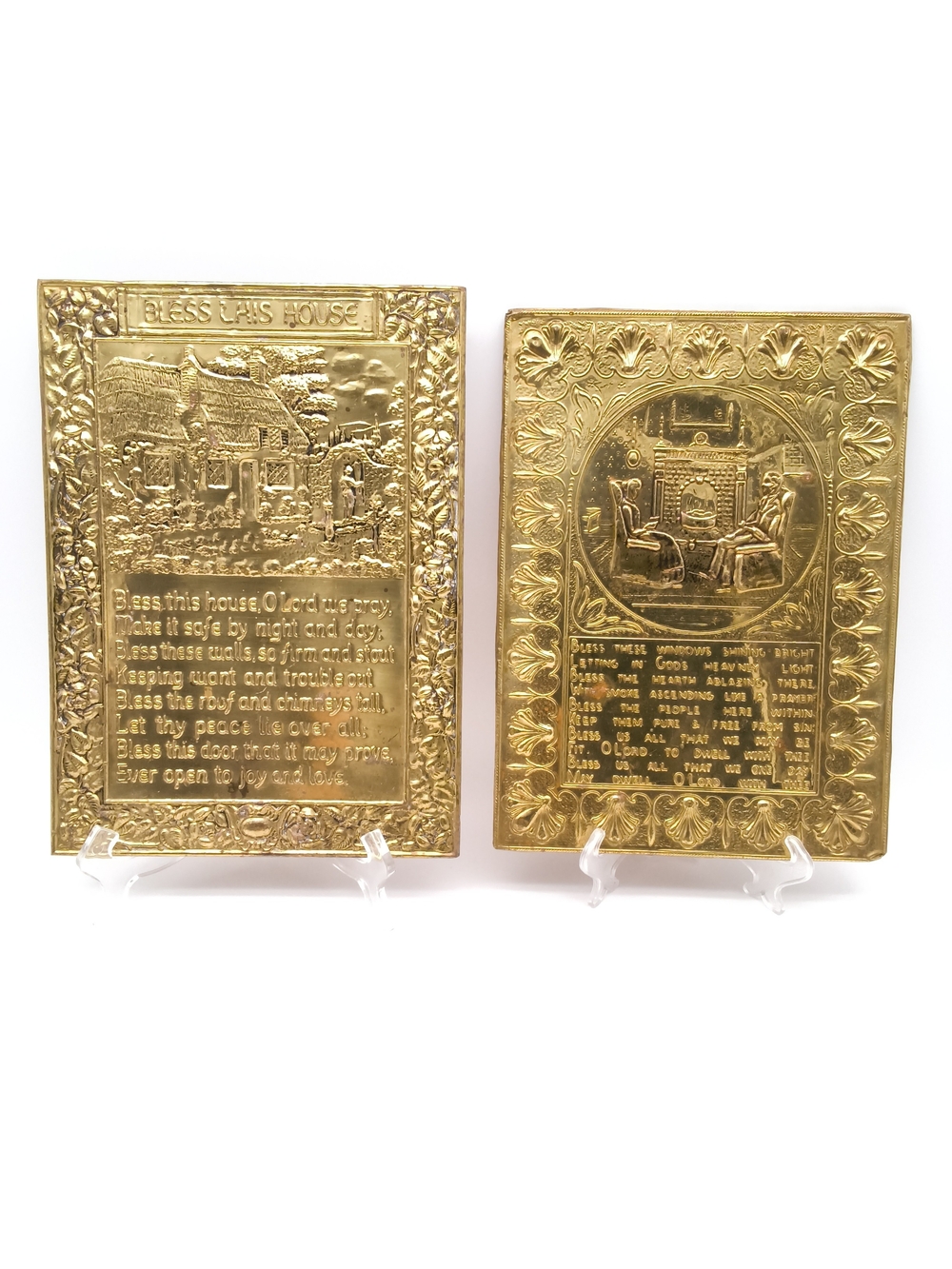 Vintage Pair of Made in England Embossed Brass Home Blessing Wall Plaques